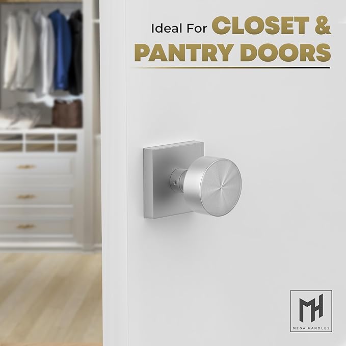 Mega Handles SUANA Dummy Door Knob for Hallway, Closet and Bathroom, Reversible Heavy Duty Design Door Knobs, Fits All Standard Door Sizes, Screws Included - Satin Nickel (2 Pack)