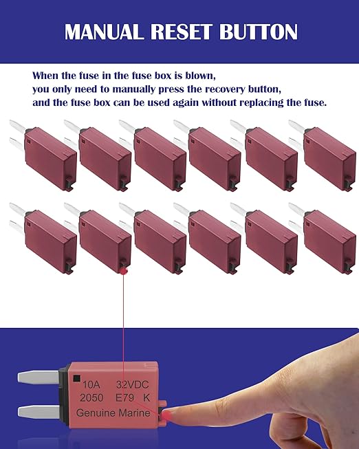 10A Low Profile Mini Fuse Kit– Automotive 10A ATM Manual Reset Circuit Breaker Fuses for Boat, RV, Car, Truck, DC 12V/32V 10 Amp Manual Resettable Blade Assortment Kit with Resettable Fuses