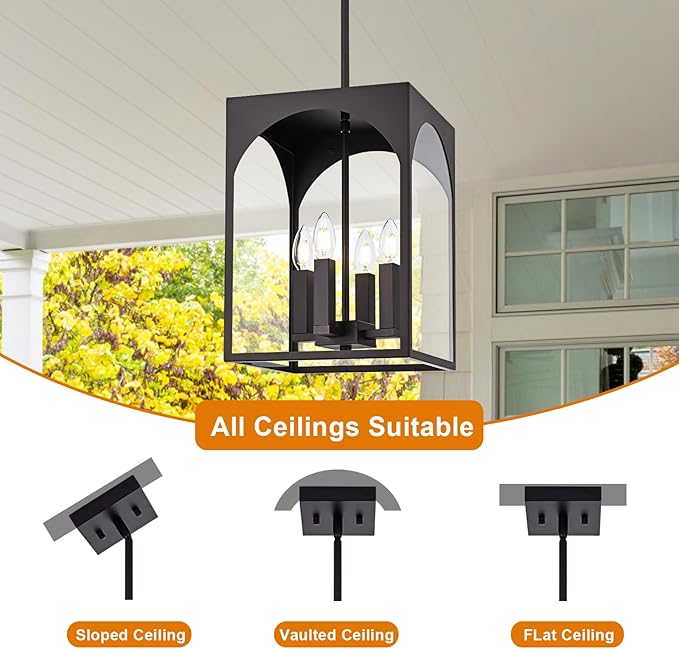 VINLUZ Outdoor 4 Light Pendant Lighting,Classic Outside Chandelier Exterior Hanging Lantern Light with Clear Glass Shade Oil Rubbed Bronze Finish for Porch, Yard, Gazebo