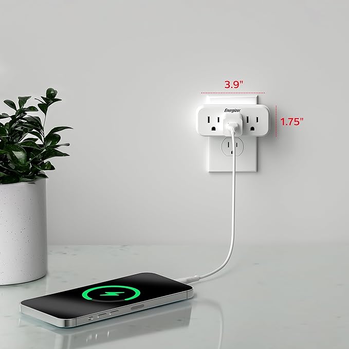 Energizer 3 Device Multi Plug Wall Outlet Extender - 3 AC Power Outlets Grounded Power Strip Expander Plug in Adapter