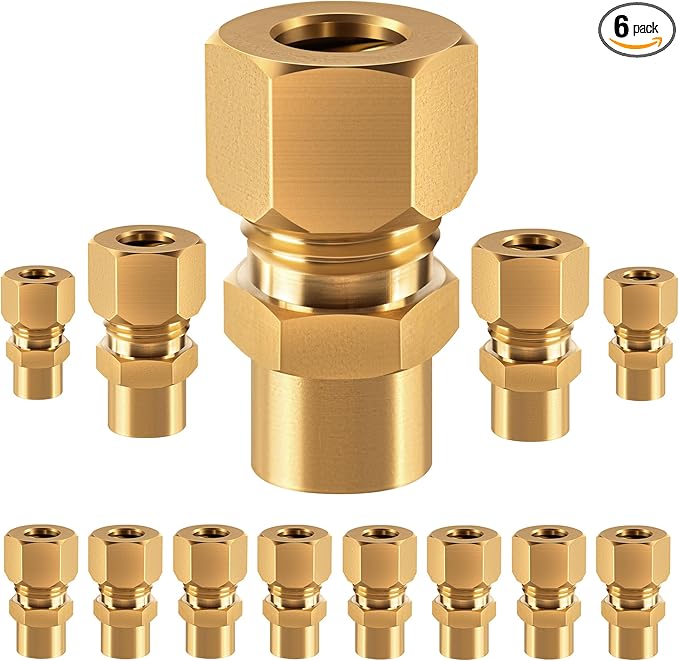 Brass compression tube pipe fitting connector Straight Coupling Adapter 1/2" Tube OD x 1/4" NPT Female Connector 6pcs (1/2od to 1/4npt)