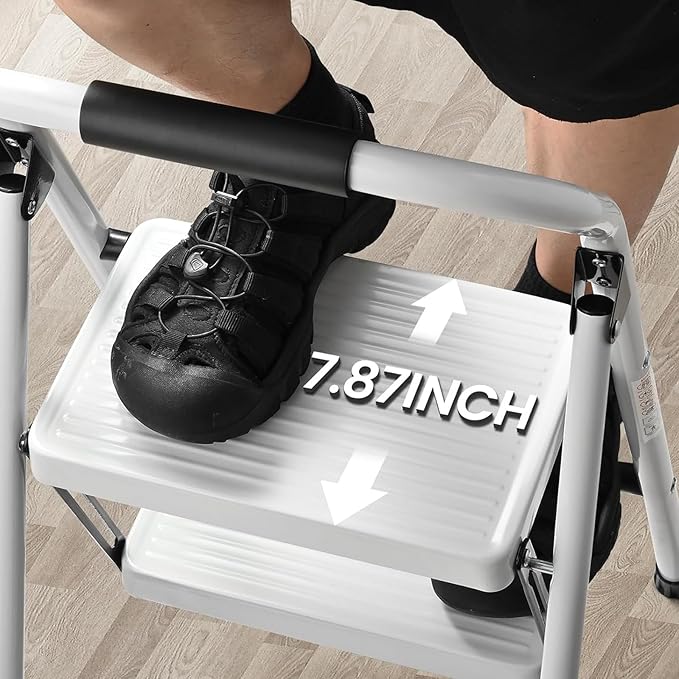 Step Stool for Adults,2 Step Ladder Folding 330lbs Anti Slip Step Stool,Foldable Ergonomic 2 Steel Stool with Wide Pedal for Home, Kitchen, Office (White)