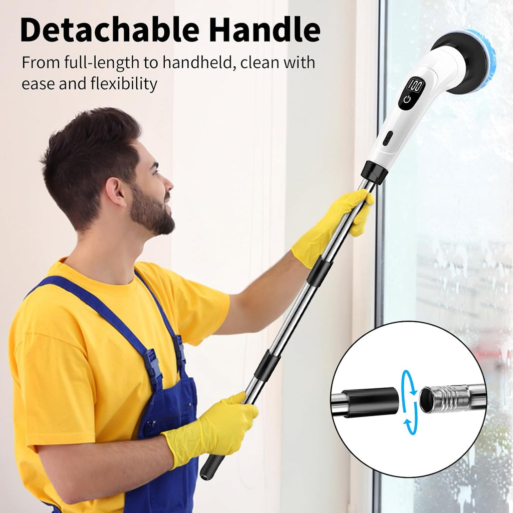 GOXAWEE Electric Spin Scrubber, Cordless Cleaning Brush with 8 Replaceable Brush Heads, Power Shower Scrubber with Long Handle for Bathroom, Tub, Tile, Floor (White)