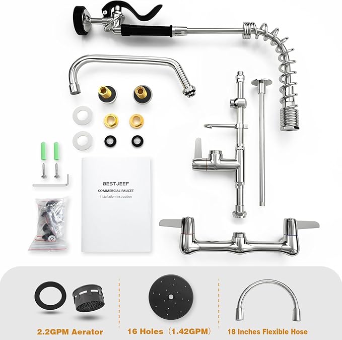 Commercial Kitchen Faucet with Sprayer for Restaurant-Chefs: BESTJEEF Commercial Sink Faucet for Cook - 21" Height 8" Center Wall Mount Kitchen Faucet with Stainless Spring Spray and 8" Add-On Spout