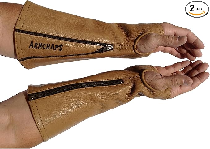 Arm Chaps Leather Protective Sleeves Arm Guard - Prevent Cuts, Scratches & Bruises - Genuine Cowhide - Ideal for Gardening & Construction - Left & Right Form-Fitting. Brown (1 Pair/X-Small).