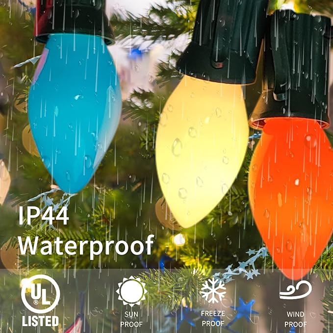 25 Pack C7 Multicolor Ceramic Christmas Lights Replacement Bulbs, 5W E12 Candelabra Base Incandescent Bulbs for Outdoor String Lights Xmas Tree Patio Holiday Party Decor