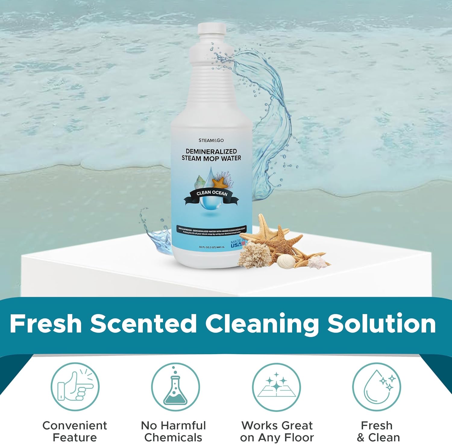 Steam & Go Demineralized Water - Multisurface Cleaner, PVC-Free Ready-to-Use for Mops & Floor Steamers - Ideal for Kitchen, Bathroom, & Home Surfaces - Clean Ocean Scent - 32oz (Pack of 6)