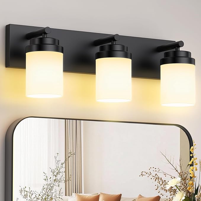 IZORRO Bathroom Vanity Light Fixture, 3-Light 22 Inch Matte Black Bathroom Light Fixtures Over Mirror, with White Glass Shade, Modern Farmhouse Vanity Lights, Rustic Restroom Lighting Fixtures