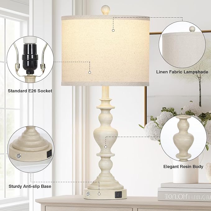 27" Farmhouse Table Lamps Set of 2, Vintage Bedside Lamps with USB A+C Charging Ports, 3-Way Dimmable Touch Control Traditional Nightstand Lamp for Living Room Beige (Bulbs Included)