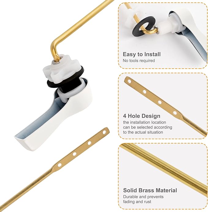Hibbent Universal Metal Front Mount Toilet Handle Replacement Kit, Brass Toilet Flush Tank Lever with Stainless Steel Flapper Chains for Most Toilets, White Finish
