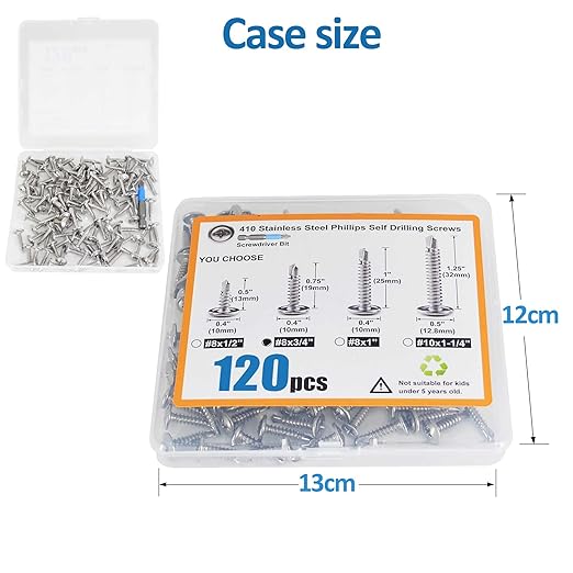 QSJ 120PCS #8 x 3/4'' Sheet Metal Screws 410 Stainless Steel Truss Head Fast Self Tapping Screws with Screwdriver Bit Silver
