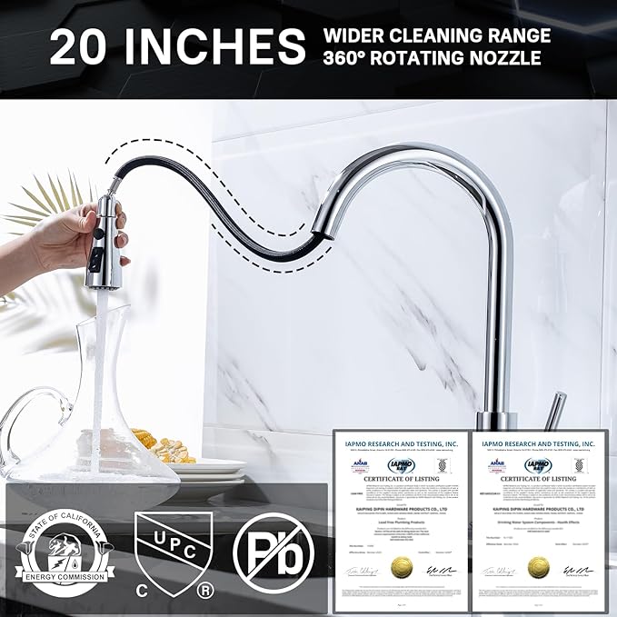 WEWE Sink Faucet, Pull Down Kitchen Faucet with Sprayer Low Lead Commercial Modern Stainless Steel rv Farmhouse Kitchen Faucet Single Handle 1 or 3 Hole Kitchen Sink Faucet, Polished Chrome