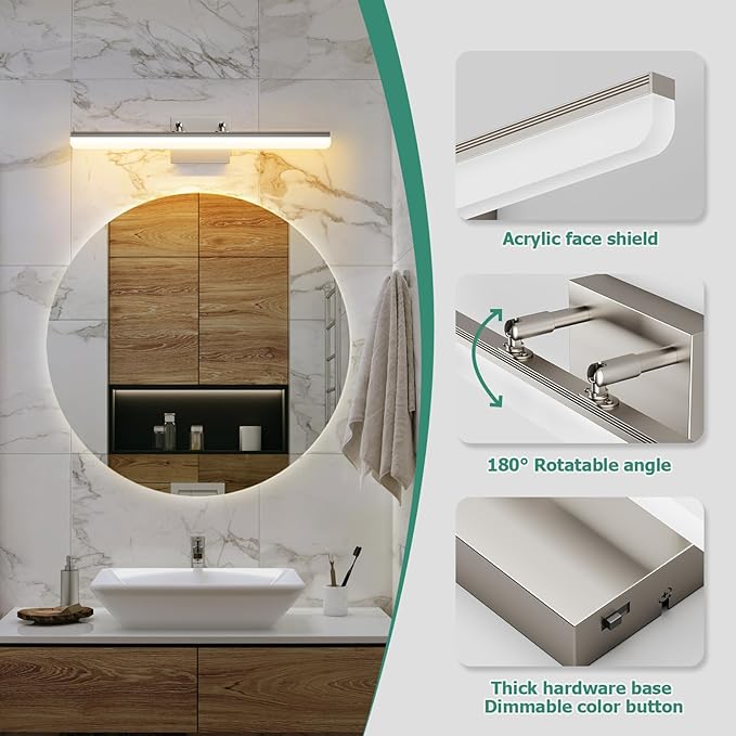 Brushed Nickel Vanity Light 24", 5CCT Dimmable LED Bathroom Light Bar, 18W Wall Mount Fixture with Adjustable Angle & ETL Driver – Modern Lighting for Bathroom, Powder Room, Bedroom