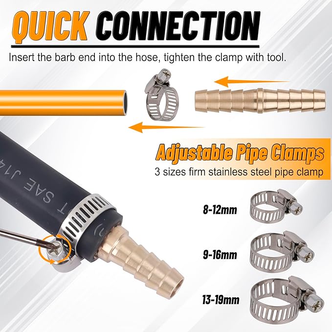 KOOTANS 32PCS Brass Hose Barb Fittings Barb Splicer Mender Hose Fittings Kit 3/16" 1/4" 5/16" 3/8" 1/2" Barbed Air Hose Fittings with 46pcs Pipe Clamps for Water Fuel Air Line Connector Fitting