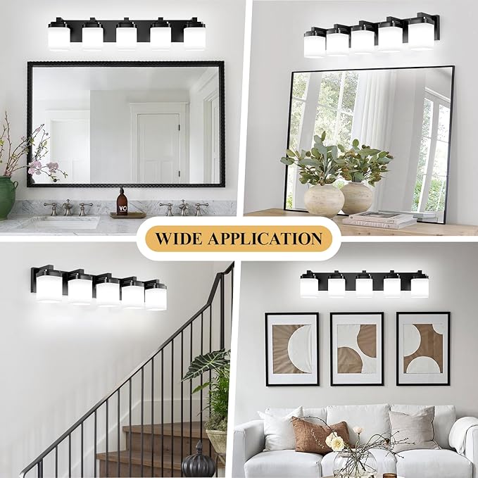 5-Light Black Bathroom Light Fixtures, E26 Base Vanity Lights for Bathroom Mirror Lamp with Milky White Square Glass Shade, Modern Wall Sconce Light Kitchen Light Fixtures Led Vanity