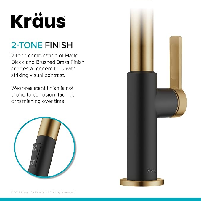 KRAUS Oletto High-Arc Single Handle Pull-Down Kitchen Sink Faucets in Brushed Brass/Matte Black, Kitchen Faucets with Pull Down Sprayer, KPF-2820BBMB