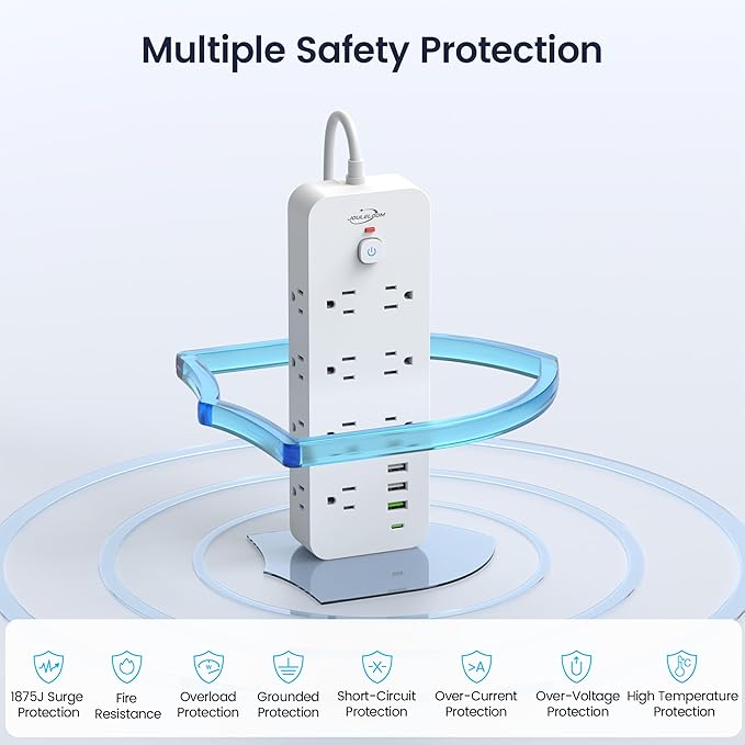 Surge Protector Power Strip with USB Ports, 14 AC Outlets with 4 USB Ports (1 USB C), 5 Feet Extension Cord with Multiple outlets, 1875W/15A, One Touch Switch Button, Wall Mountable for Home, Office