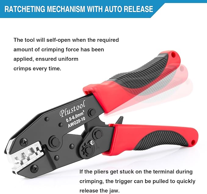 Crimping Tool for Non-Insulated Open Barrel Terminals & Receptacles AWG 20-10, Ratcheting Wire Crimper Tool - Crimping Pliers - Electrical Crimping Tool