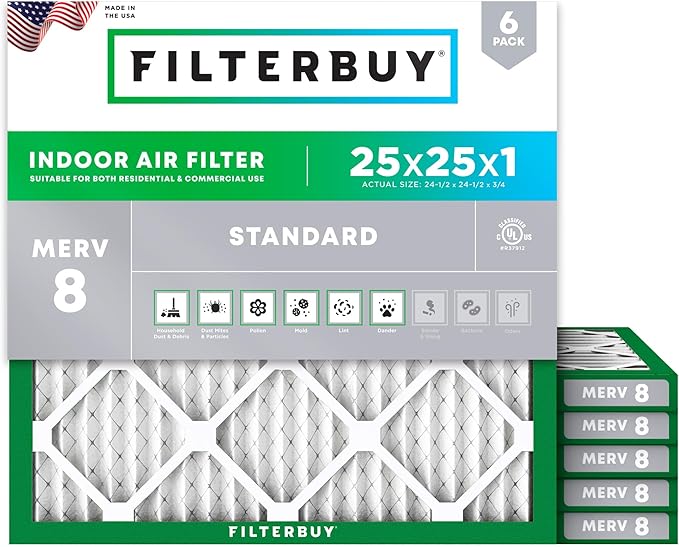 Filterbuy 25x25x1 Air Filter MERV 8 (MPR 700) Dust Defense Replacement (6-Pack), Electrostatic Pleated HVAC AC Furnace Filters, Made in USA (Actual Size: 24.50 x 24.50 x 0.75)