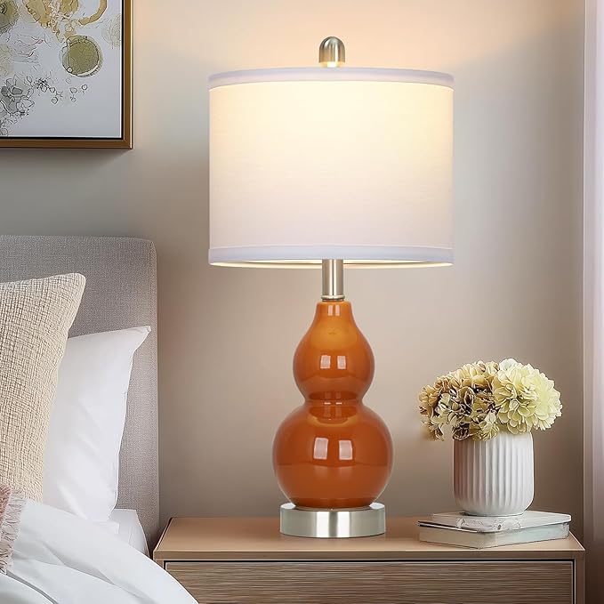 22" Modern Double Gourd Ceramic Table Lamps Set of 2, Red Bedside Lamps for Living Room, Contemporary Nightstand Desk Lamps for Bedroom End Table Home Office Decor(2 LED Bulbs Included)
