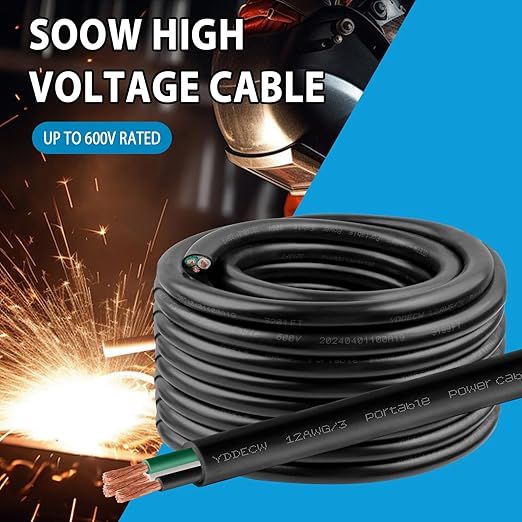 200ft 12/3 12 AWG Portable Power Cable (3 Conductor) - SOOW 600V 12 Gauge Electric Wire for Motor Leads, Portable Lights, Battery Chargers and Machinery - 3 Conductor - 200 Feet Electrical Cord