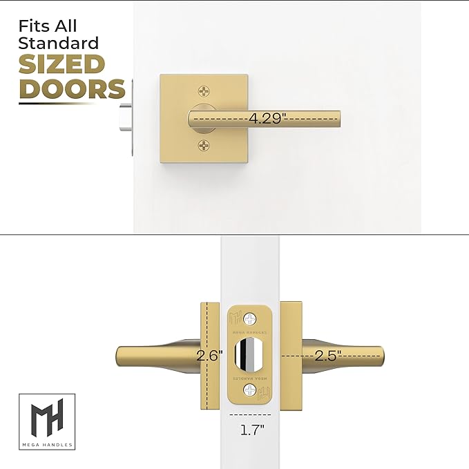 Mega Handles Prime Passage Lever Door Handle for Closet or French Doors, Single Side Door Levers, Fits All Standard Door Sizes, Exposed Screws Included - Satin Brass (1 Pack) 4.29"