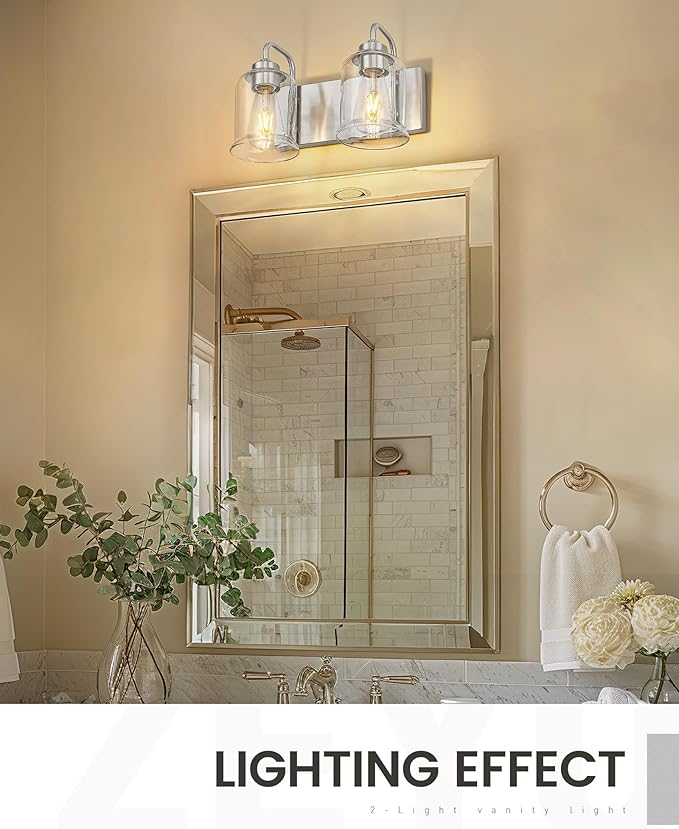 zeyu 12.5 Inch Modern Bathroom Vanity Light Fixtures, 2-Light Wall Mirror Light for Bathroom, Brushed Nickel Wall Sconces with Clear Glass Shade, ZSL72B-2W BN