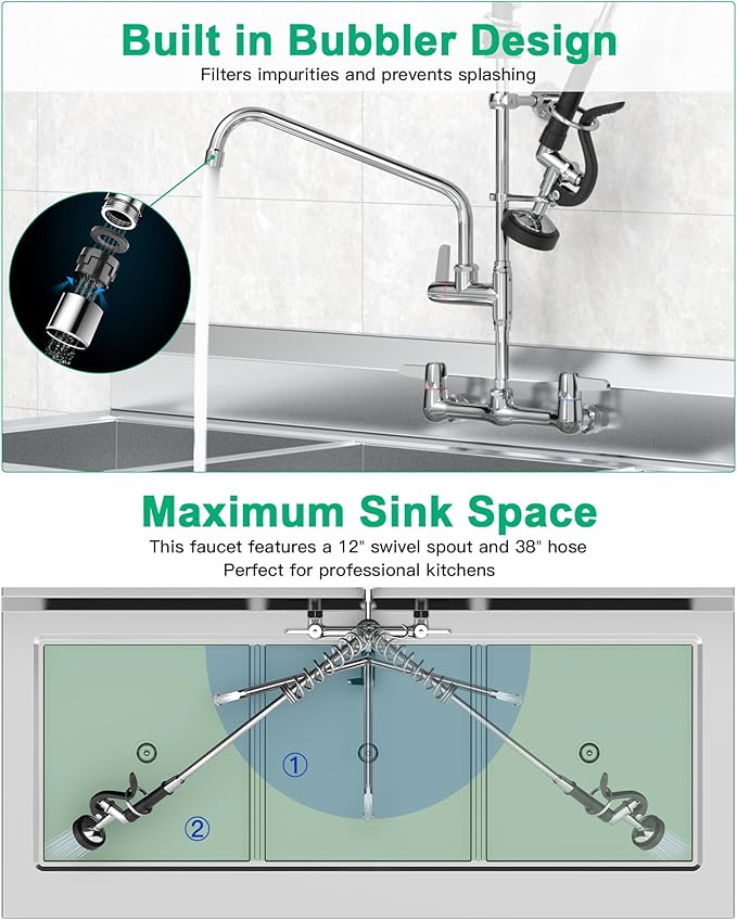 Commercial Sink Faucet with Pre-Rinse Sprayer -Height Adjustable (33-43 inch) Wall Mount Industrial Kitchen Faucet 8 inch Center with Pre-Rinse Sprayer and 12 Inch Swivel Spout
