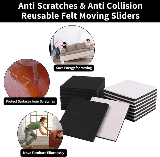 Ezprotekt 5" Square Felt Furniture Movers Sliders for Hardwood Floors, 8 Pcs Reusable Felt Furniture Moving Pads for Heavy Duty Bed Sofa Fridge Couch, Move Item Easily and Quickly (Beige)