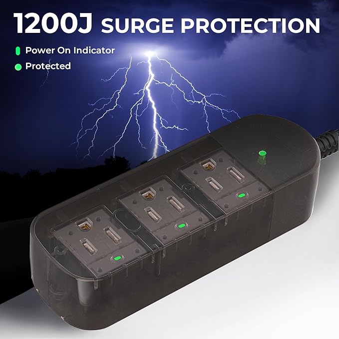 Outdoor Power Strip Weatherproof, Transparent IPX6 Waterproof Surge Protector with 3 Wide Outlets, 1625W/13A, 10FT Extension Cord, Wall Mountable for Indoor Outdoor, UL FCC Listed