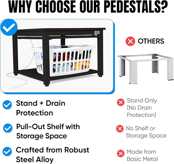 Washer and Dryer Pedestals with Pullout-Shelf - 28" W, 18" H, Black Steel Universal Fit with Major Brands | Laundry Pedestal with Drain Pan & Hose | Washer Stand for Back Pain Relief, 800 lbs Capacity