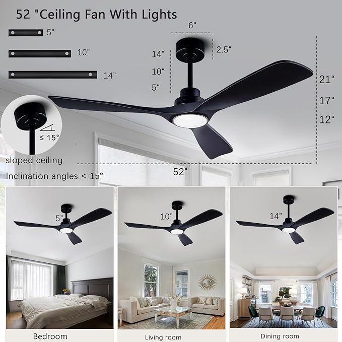 52" Wood Ceiling Fan with Lights Remote Control,Quiet DC Motor 3 Blade Ceiling Fans for Patio Living Room, Bedroom, Office,Indoor Outdoor(Black)