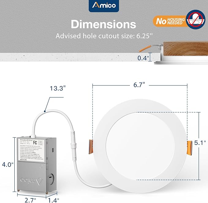 Amico 12 Pack 6 Inch 5CCT Ultra-Thin LED Recessed Ceiling Light with Junction Box, 1050LM Brightness, Dimmable Canless Wafer Downlight, 12W, ETL&FCC