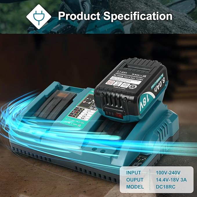 8000mAh 18V Battery Replacement for Makita 18V Battery and Charger DC18RC, Compatible with Makita LXT 18 Volt Batteries Lithium Ion BL1850 BL1840 BL1830 BL1820 BL1815 Cordless Power Tools (Blue) ﻿ ﻿