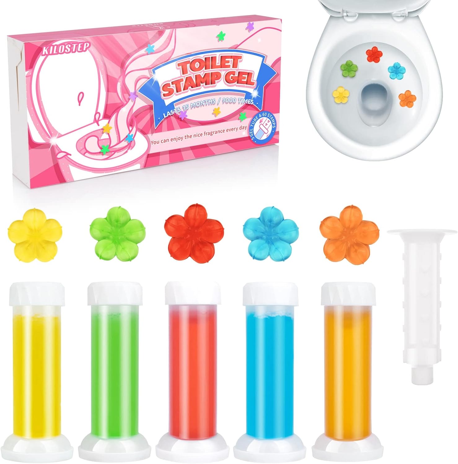 Flower Toilet Gel Stamp, 60 Count Toilet Bowl Stamp Gel 5 Kinds Of Scent Toilet Bowl Cleaner