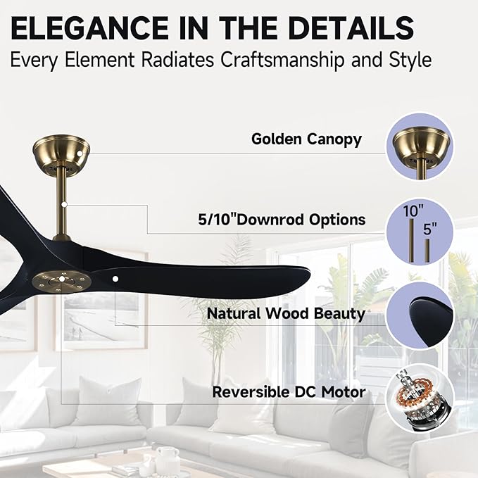 52" 3 Blade Ceiling Fan Without Light, Farmhouse Rustic Wooden Flush Mount Ceiling Fan no Light with Remote for Indoor/Outdoor - High End Silent Operation, Black & Gold, 52 Inch