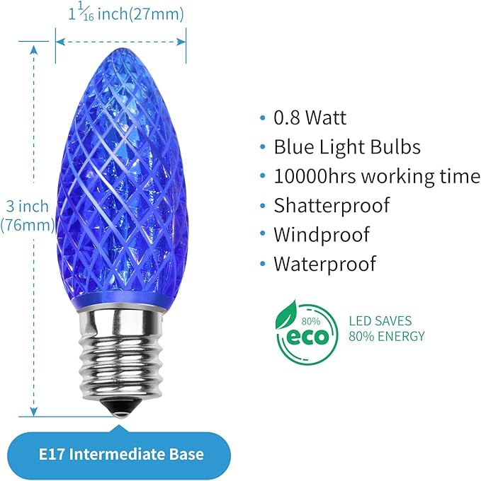Meconard C9 Led Replacement Christmas Light Bulbs, C9 Shatterproof Led Bulbs for Christmas Indoor Outdoor String Lights, E17 Intermediate Base, Commercial Grade Holiday Bulbs, Blue, 25Pack