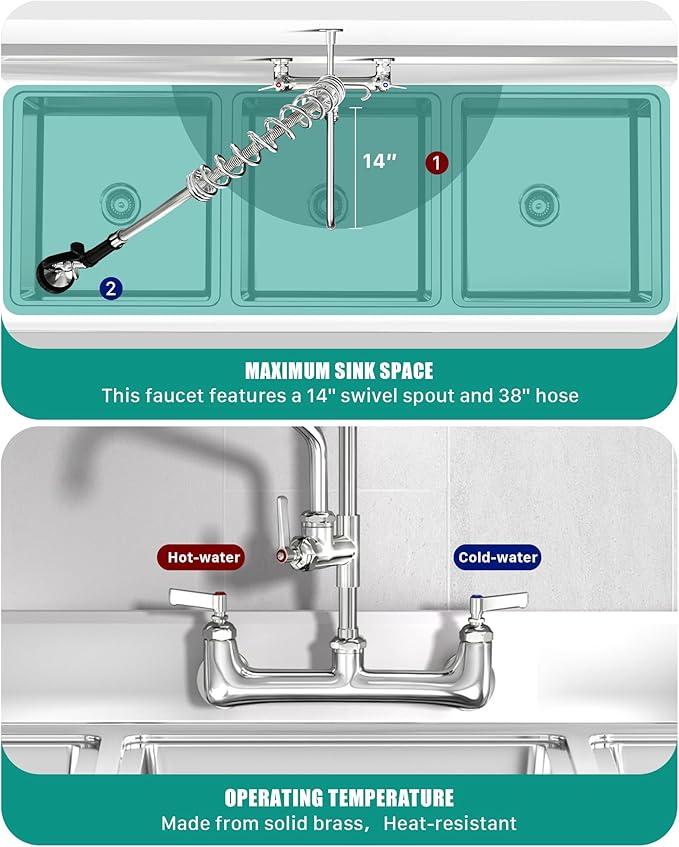 Commercial Kitchen Faucet Heavy Duty Wall Mount Sink Faucet, 8 Inch Center 47 Inch Commercial Kitchen Faucet with Pre-Rinse Sprayer and 14 Inch Add-On Spout for 1,2,3 Compartment Sinks