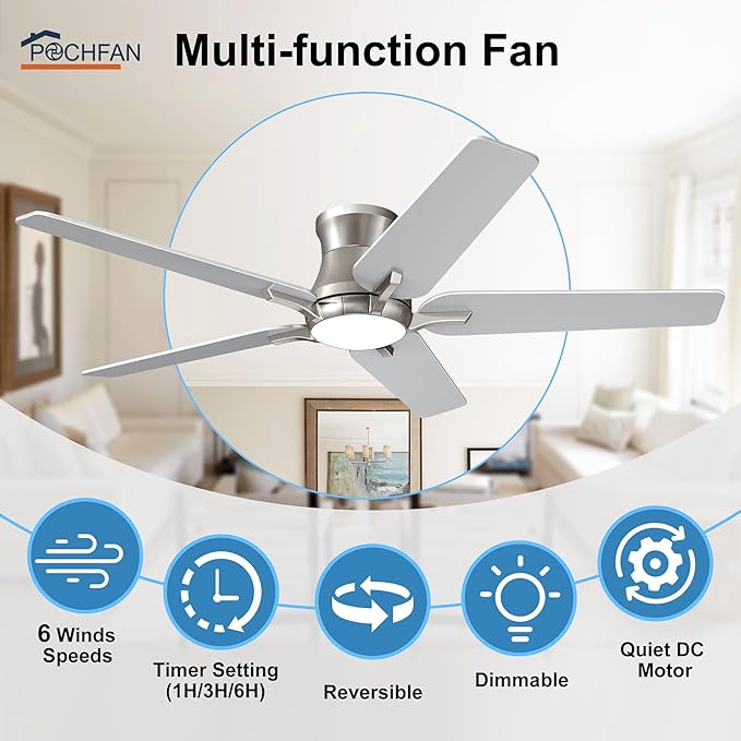 52 Inch Ceiling Fans with Lights and Remote, Brushed Nickel Flush Mount Low Profile Ceiling Fan for Bedroom, Living Room, Patio, Dimmable 6 Speeds Noiseless, ETL Listed