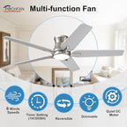 52 Inch Ceiling Fans with Lights and Remote, Brushed Nickel Flush Mount Low Profile Ceiling Fan for Bedroom, Living Room, Patio, Dimmable 6 Speeds Noiseless, ETL Listed