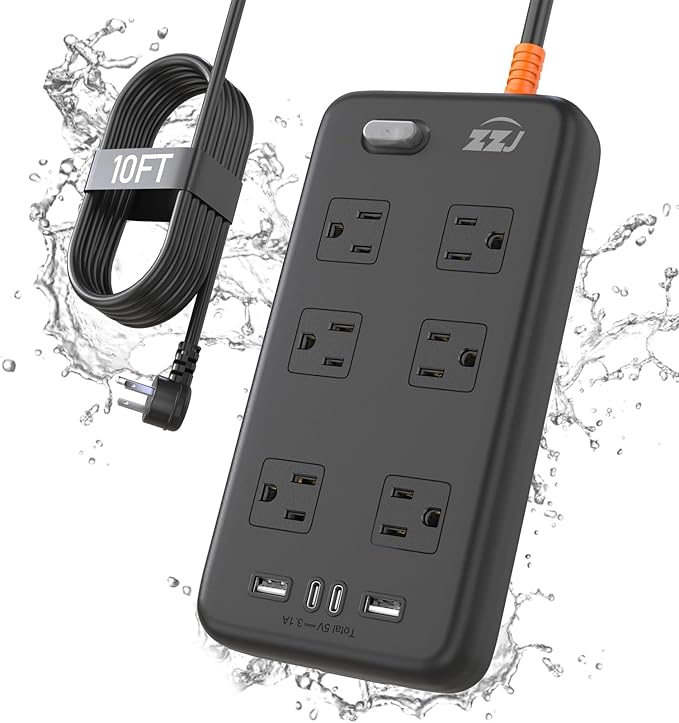 Outdoor Power Strip Weatherproof, IPX6 Waterproof Surge Protector with 6 Wide Outlets and 2USB A&2USB C, 1875W/15A, 10FT Extension Cord, Wall Mountable for Indoor Outdoor, UL FCC Listed