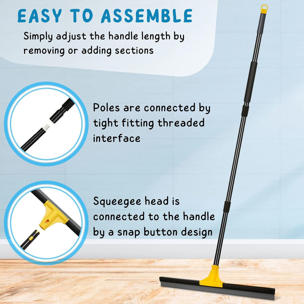 Floor Squeegee for Concrete and Tile Cleaning, 24'' Rubber Wiper Broom, Large Heavy Duty Water Scraper with 60'' Long Handle for Garage, Deck, Bathroom, Shower Glass, Window