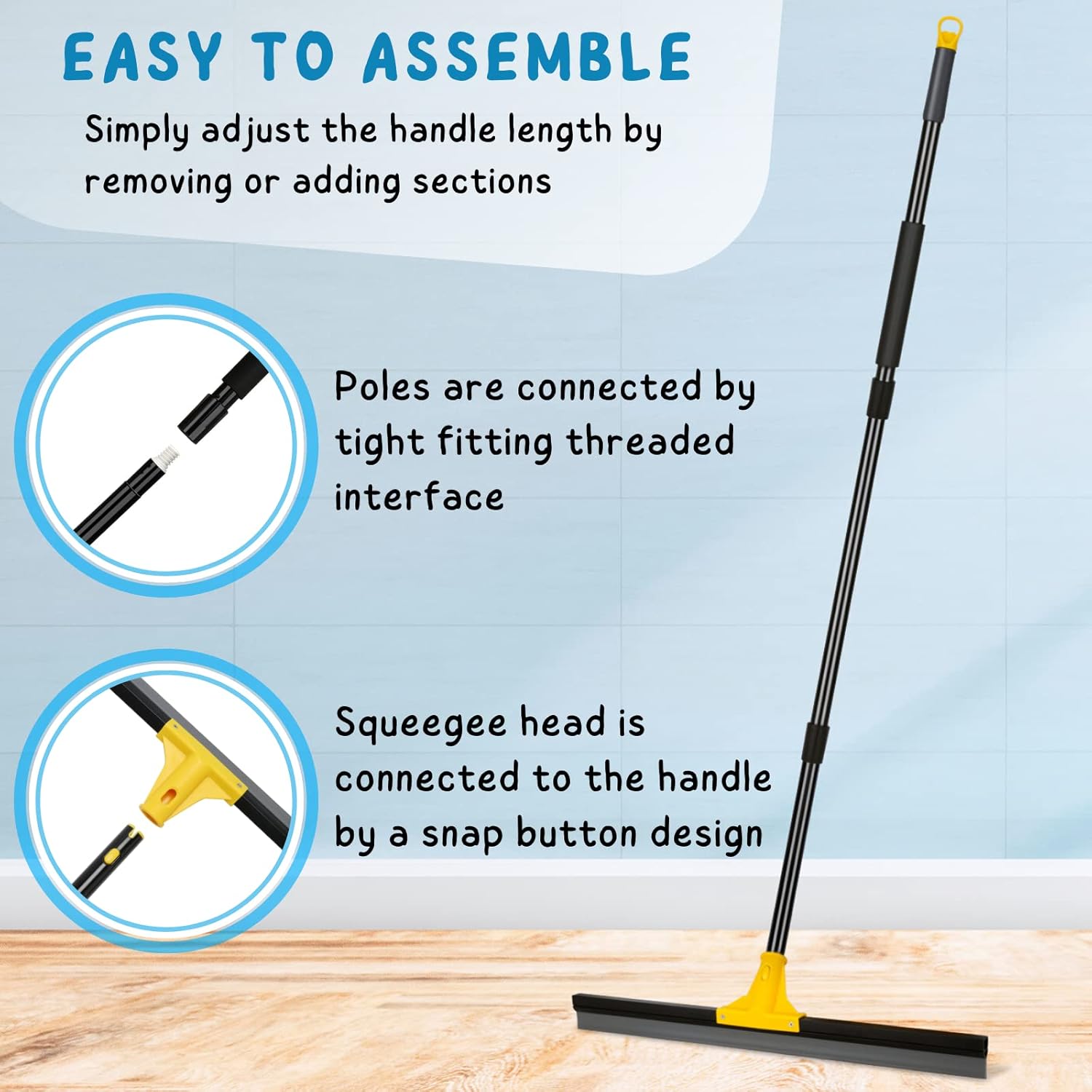 Floor Squeegee for Concrete and Tile Cleaning, 24'' Rubber Wiper Broom, Large Heavy Duty Water Scraper with 60'' Long Handle for Garage, Deck, Bathroom, Shower Glass, Window
