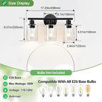 3-Light Bathroom Light Fixtures, 17.23" Black Modern Vanity Lights with Clear Glass Shade, Bathroom Wall Lamp for Mirror Kitchen Living Room Hallway Cabinet Porch