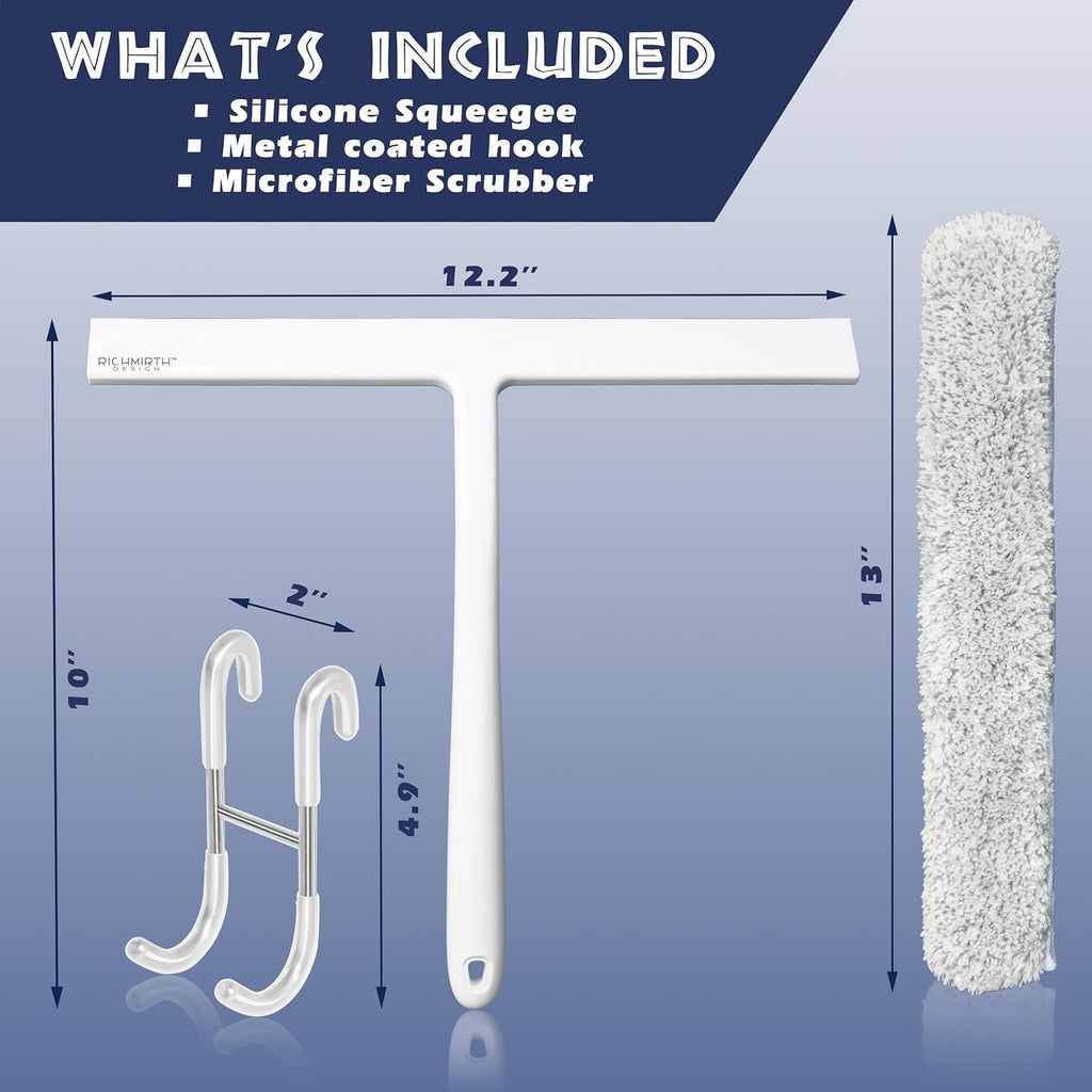 12 Inch Silicone Shower Squeegee for Glass Doors with Hook – Streak-Free Window Cleaner for Bathroom, Mirror, Tile & Car, No Scratch Squeegee with Metal Core