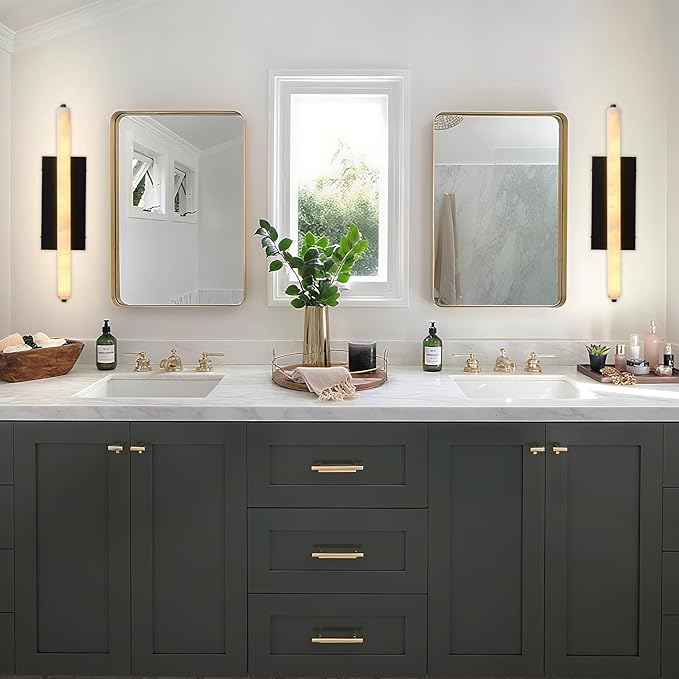 Alabaster Wall Sconces, 25in Black Alabaster Sconce, Modern Spanish Natural Marble Sconces Lights, Rectangle Sconces for Bathroom Vanity Bedroom Living Room Staircases Hallway