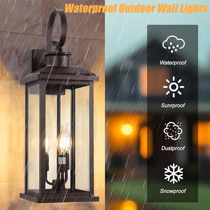 24" Outdoor Lighting Fixture- Bronze 3-Light Exterior Lighting Fixture Waterproof Modern Porch Sconce, Outside Lantern for House Garage Patio E12 Base