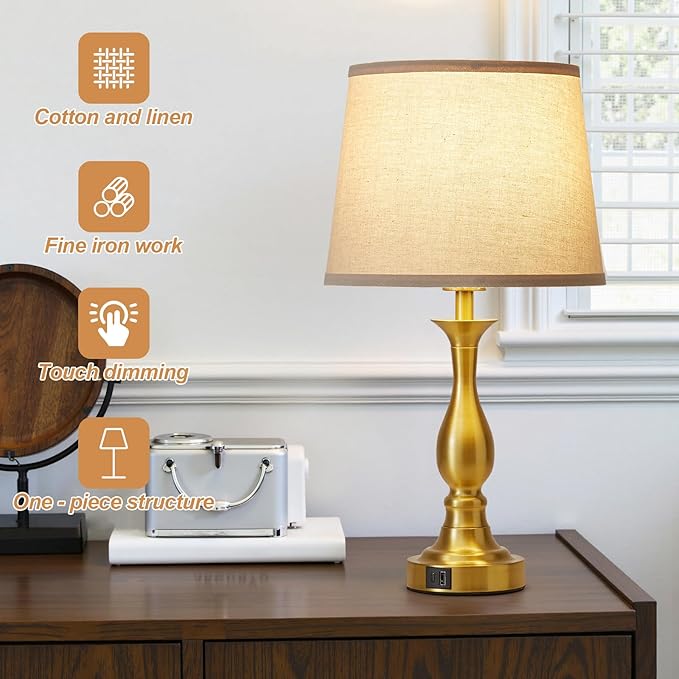 Bedside Table Lamp Touch Control Bedroom Lamps with USB-C USB-A Charging Port 3 Way Dimmable Touch Lamps for Nightstand Living Room Bedroom Dorm Home Office Reading, Set of 2