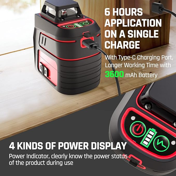 Self Leveling Laser Level 3x360° 3D Cross Line Rotary Lasers Green Beam, Pulse Mode Battery Indicator, USB Type-C Charging, 360° Adjustable Liftable Magnetic Base, Li-ion Battery