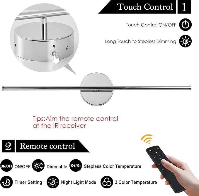 Removable Battery Operated Wall Sconces with Remote Control 350°Rotate LED Wireless Wall Lights with 3 Color Temperatures & Dimming for Bedroom, Hallway, 28.3 Inch (2 Pack)